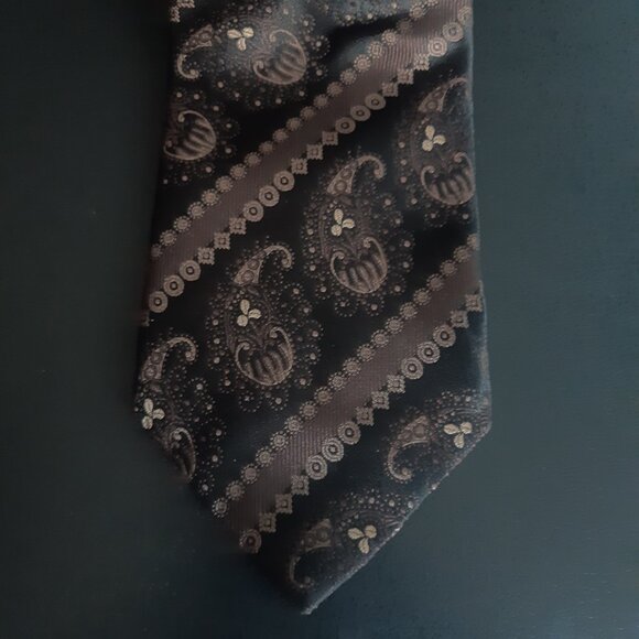 Zanetti Silk Necktie -Brown, Black & Tan Diagonal Stripe w/ Paisley - Picture 2 of 11